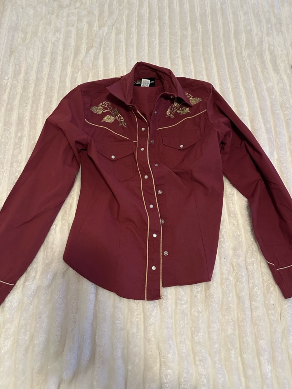 Western Embroidered Snap-Front Shirt - Burgundy with Gold Detail